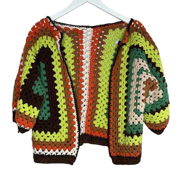 Hand Crochet Hexagon Green Brown 70's Style Crop Cardigan 3/4/ Sleeve Medium - Picture 9 of 9